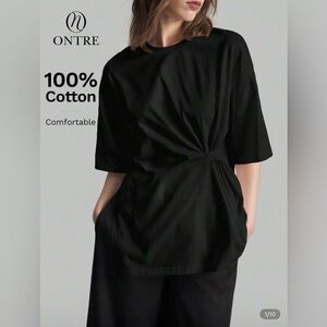 Ontre 100% Cotton Black Short Sleeve Tee by SHEIN with Ruched Detail Women Sz M